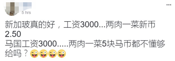 新加坡真的好，工资3000，两肉一菜2.5新币