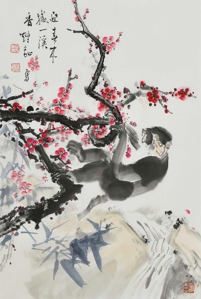 赵钲国画猴图作品赏析：攀枝摘果，祝君福多