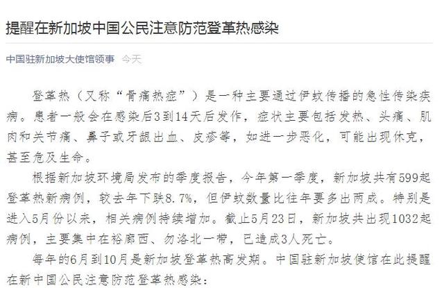新加坡今年逾千起登革热病例已致3死 中使馆提醒