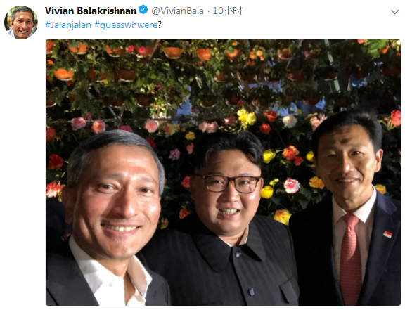 外媒：金正恩与新加坡部长们在花园自拍合影