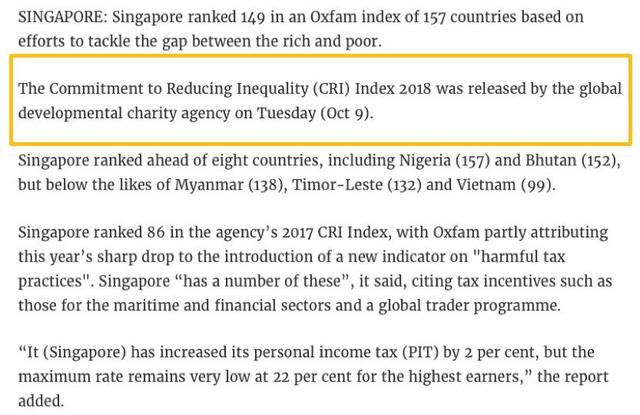 全球各国减少贫富差距指数：新加坡倒数有名！