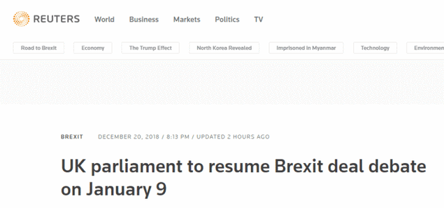 英国议会明年1月9日再辩脱欧协议