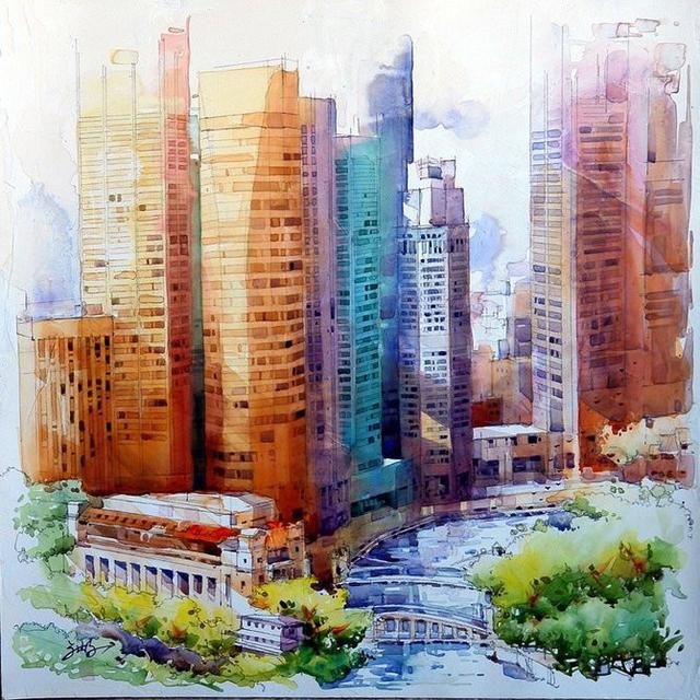 用丙烯颜料描绘都市的街角如彩绘作品般散发光芒~新加坡艺术家
