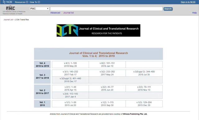 祝贺新加坡Whioce出版社创办的JCTR期刊正式被Pubmed数据库收录