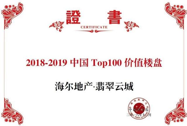 海尔地产翡翠云城荣膺“中国TOP100价值楼盘”