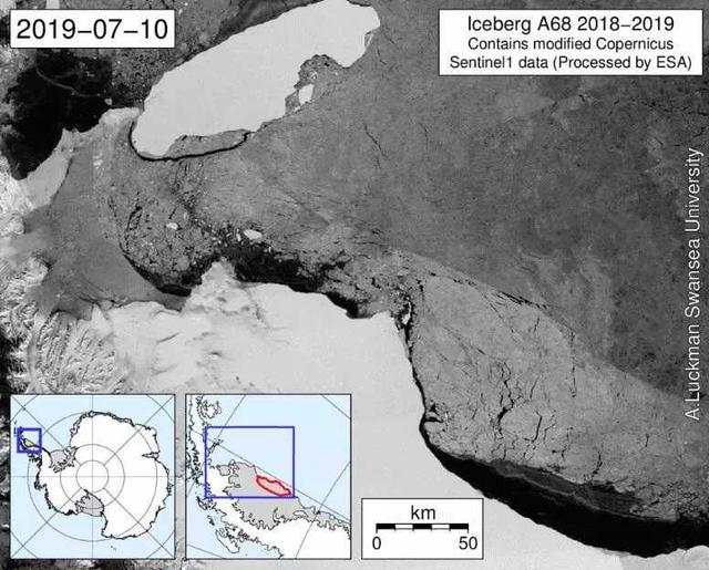 A68冰山，世界最大移动物体，上面可放下8个新加坡，正向北漂移