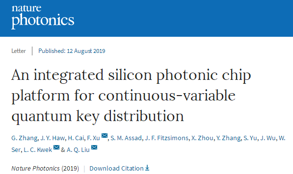 Nature Photon.：南洋理工发展用于连续可变量子密钥分配的集成硅光子芯片平台