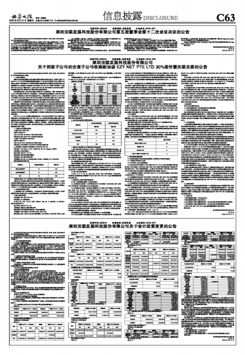 深圳亚联发展科技股份有限公司关于控股子公司的全资子公司收购新加坡EZY NET PTE LTD 30%股份暨关联交易的公告
