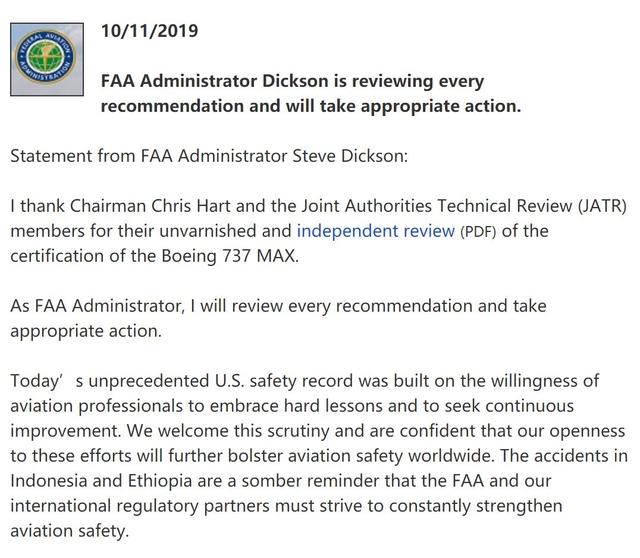 FAA发布十国局方联合技术审查小组对737MAX飞控系统的审查报告