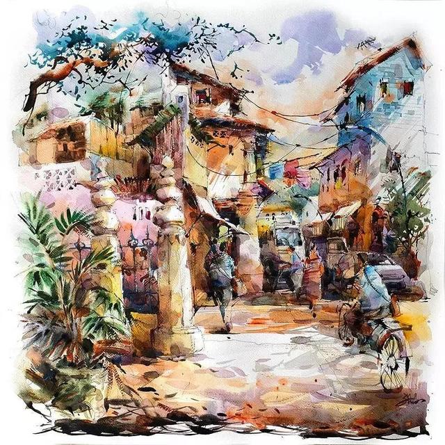 他的画既有着丙烯的活力又不失传统水彩的清新与透明