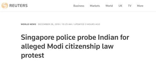 印籍男子在新加坡参与非法集会抗议印度修法？新加坡警方：正介入调查