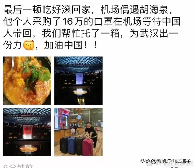 胡海泉买了一大批的口罩，在新加坡机场找人托运回国