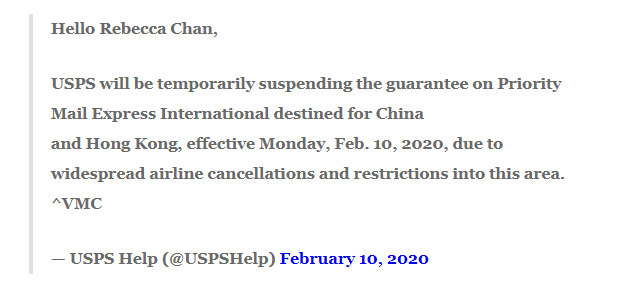 美国邮政暂停发往中国的邮寄服务