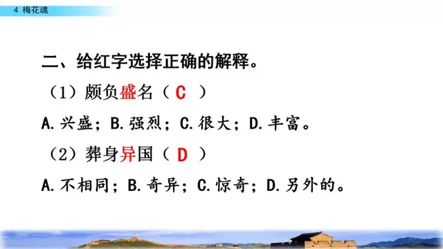 部编版五年级语文下册第四课《梅花魂》知识点及课堂测试题