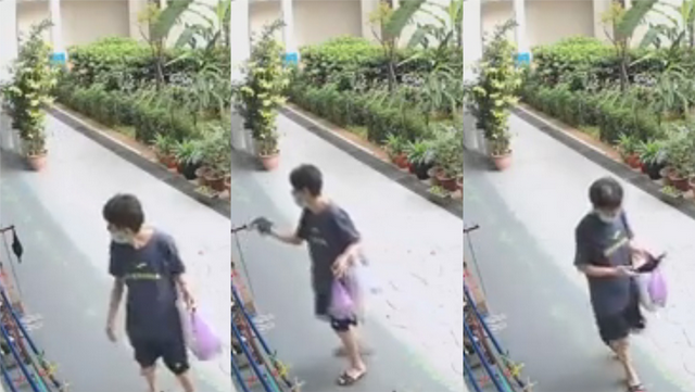 新加坡大妈顺走别人晾在屋外的二手口罩，得手后捧在手心视若珍宝
