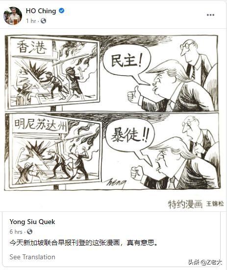 新加坡李显龙夫人何晶转发“美式双标”漫画，获大量点赞