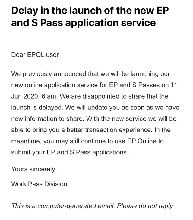 官宣！新加坡人力部：EP、SP最新申请平台延迟开放