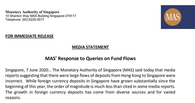 新加坡金管局：香港资金大量流入消息不实