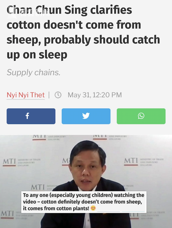 棉花来自绵羊？新加坡部长发言时出现神奇口误 事后称该补觉了