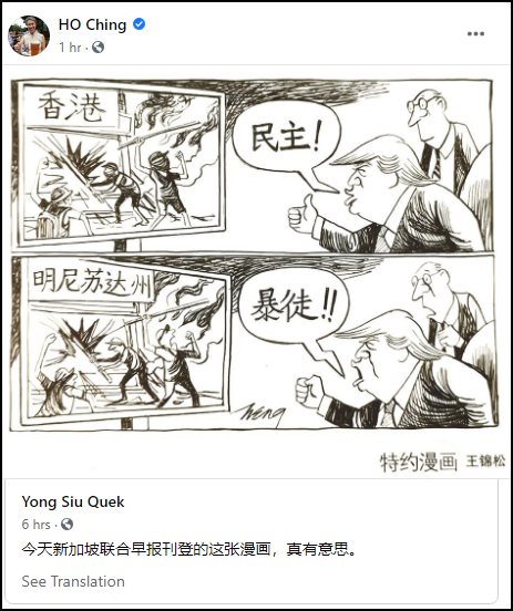 李显龙夫人转发漫画，讽刺“美式双标”