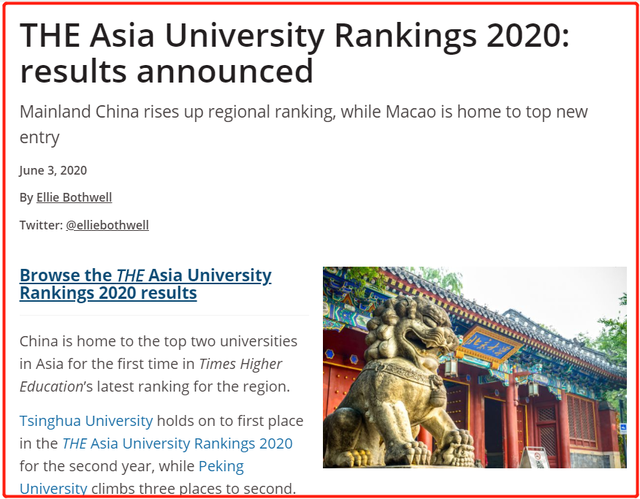 2020年亚洲大学排名公布！中国包揽第一第二，日本上榜数量最多