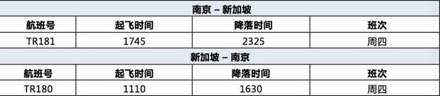 本月23日，酷航复航南京—新加坡，每周一班