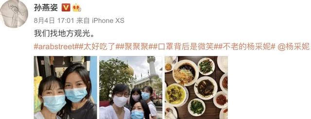 孙燕姿晒与46岁杨采妮合照，两位人母素颜开餐，戴口罩游览新加坡