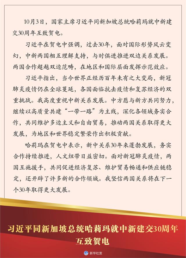［国际］习近平同新加坡总统哈莉玛就中新建交30周年互致贺电