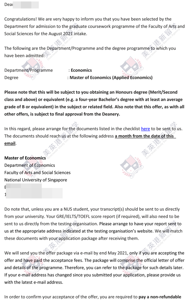 新加坡国立大学NUS经济学AE的offer到手，康康背景