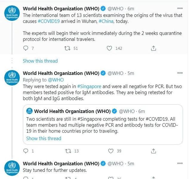 两名世卫访华专家组成员新冠病毒抗体阳性，滞留新加坡