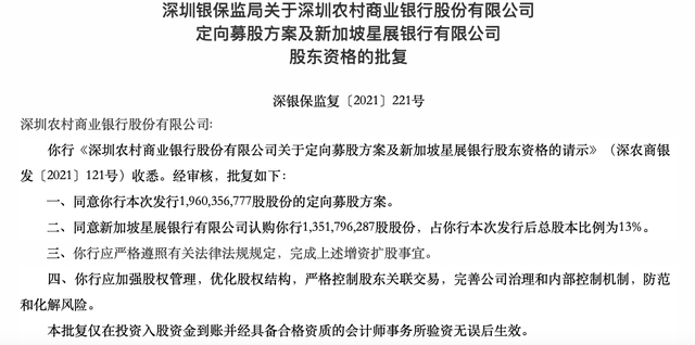 近十年来首起！新加坡最大银行定增入股深圳农商行获批，星展银行持股13%将成第一大股东