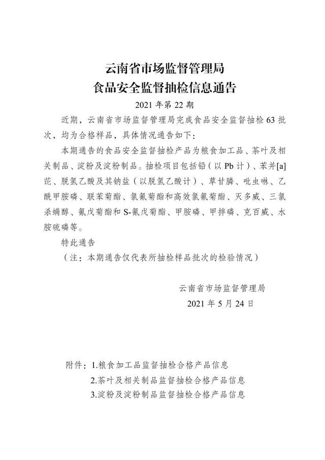 云南省市场监督管理局：63批次食品抽检均合格