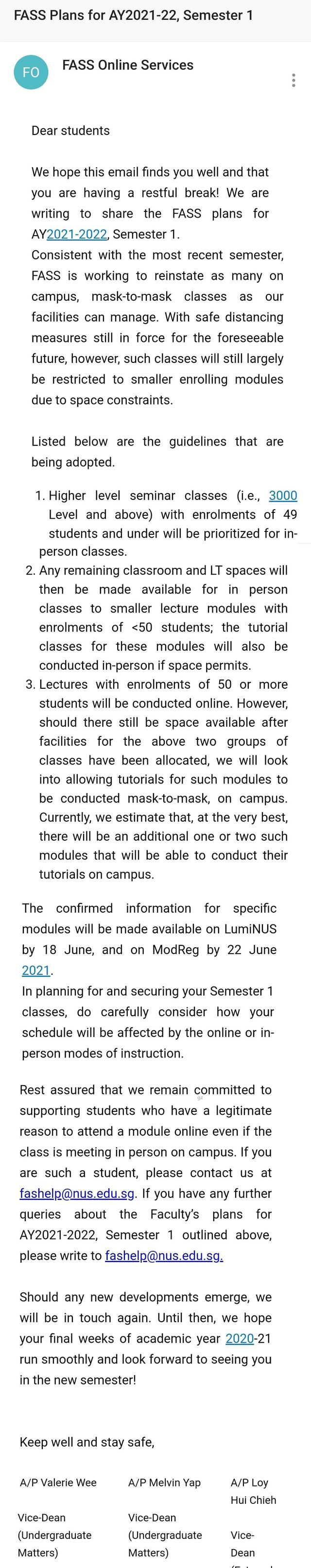 校园 | 新加坡国立大学NUS FASS 公布2021年8月复学计划