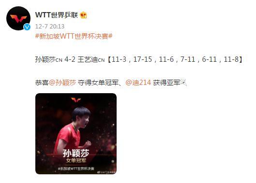 新加坡WTT世界杯决赛：孙颖莎夺得女单冠军，王艺迪获得亚军