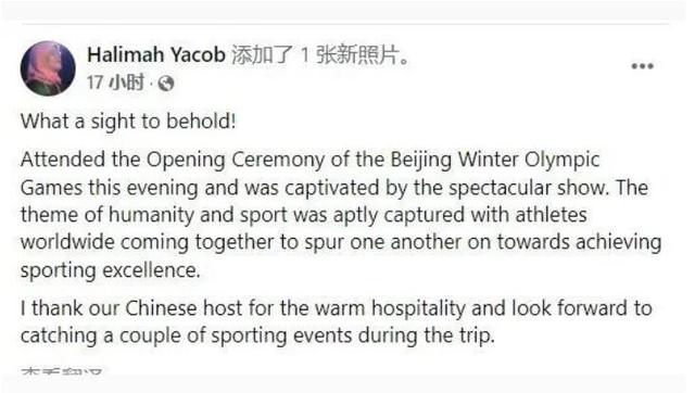 新加坡总统领衔外交天团出席北京冬奥会开幕式，赞：非常值得一看