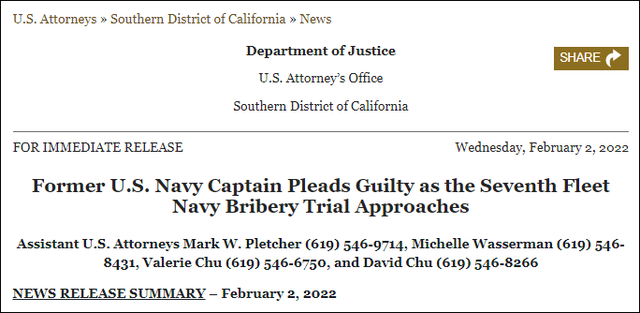 美前海军舰长承认受贿，或将面临15年监禁及25万美元罚款