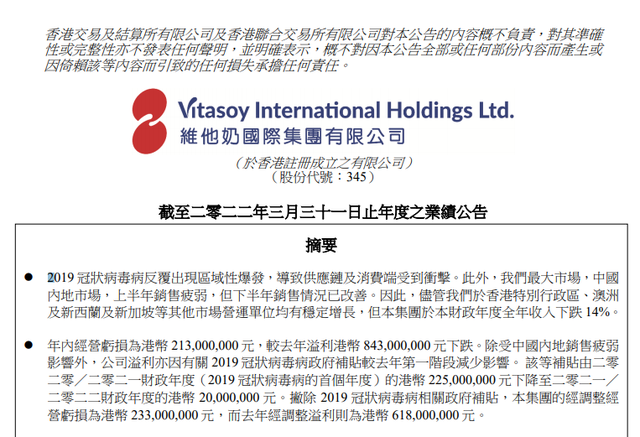 维他奶2021年经营亏损超2亿港元