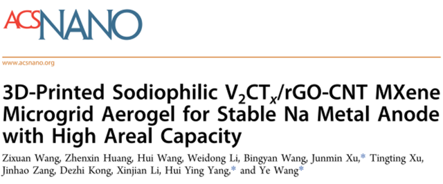 ACS Nano：3D打印V₂CTₓ/rGO-CNT MXene高容量钠金属负极