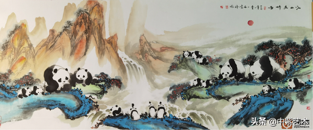 中国布上水墨画第一传人《江山多娇图》中国熊猫之王国家一级画师