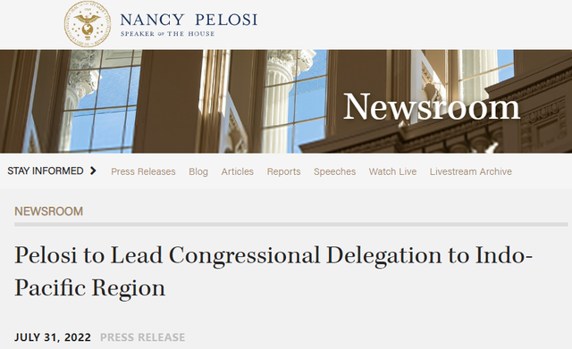 美国国会网站公布佩洛西行程：包括新加坡、马来西亚、韩国以及日本在内的四个国家