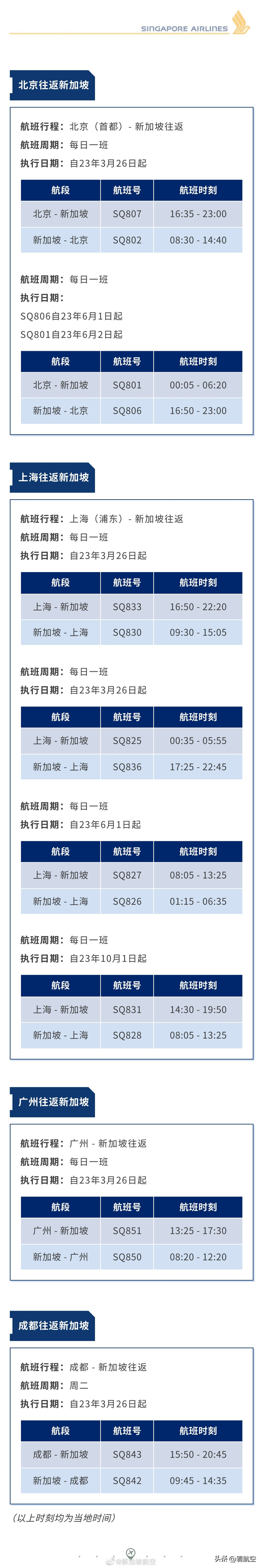 新加坡航空调整夏秋航季航班计划