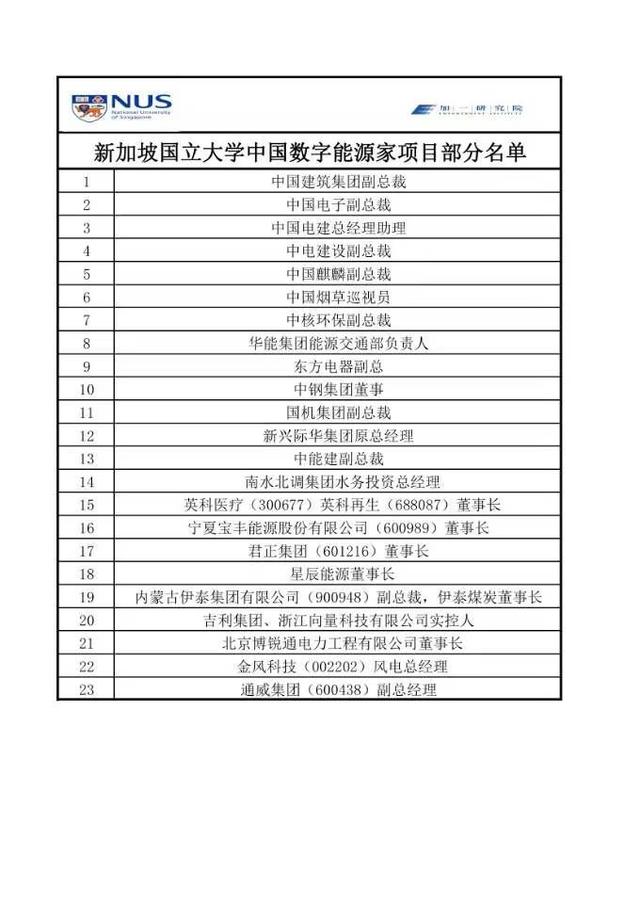 新加坡国立大学中国数字能源家项目学员名单