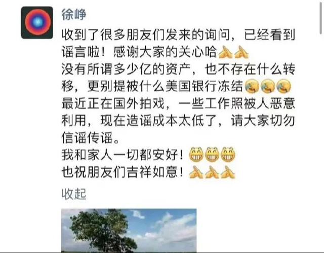 徐峥辟谣数亿资产被冻结，称本人正在新加坡拍戏，只字未提小陶虹