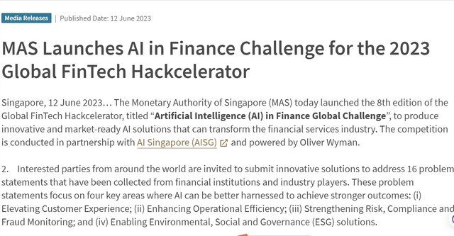 最新消息002：新加坡金融管理局推出人工智能金融挑战赛
