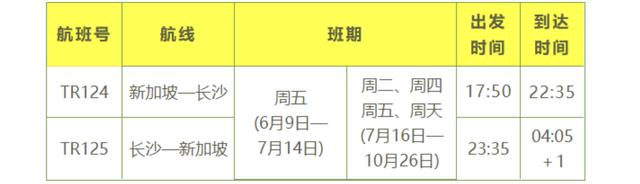 6月9日起长沙恢复至新加坡航线，每周二、四、五、日执飞